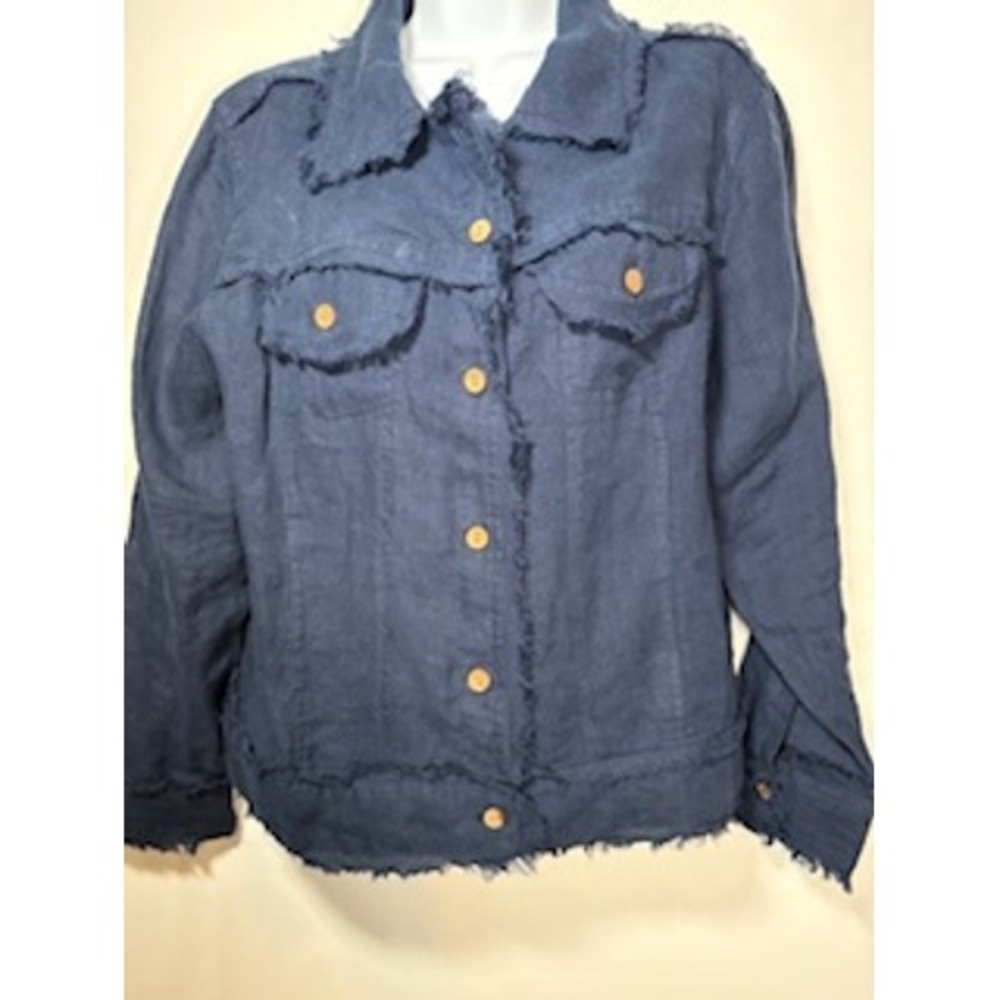 CROWN LINEN DESIGNS Jacket S Navy Blue Fringed Raw Hem Linen Shacket Coastal - Picture 3 of 7